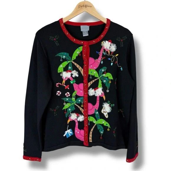 Berek Rare Vintage Tropical Flamingo Christmas Cardigan Sweater M Beaded Sequins - Picture 1 of 12